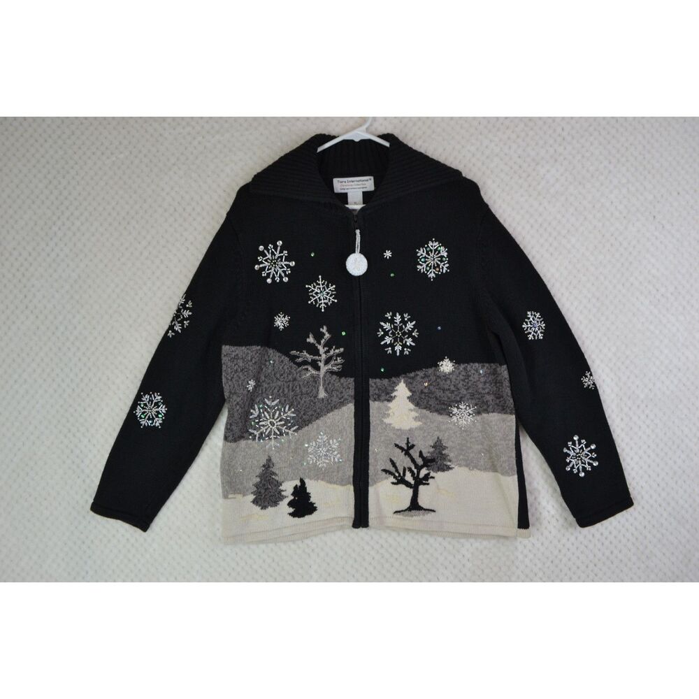 Vtg Tiara International Christmas Collection Women's XL Black Front Zip Sweater